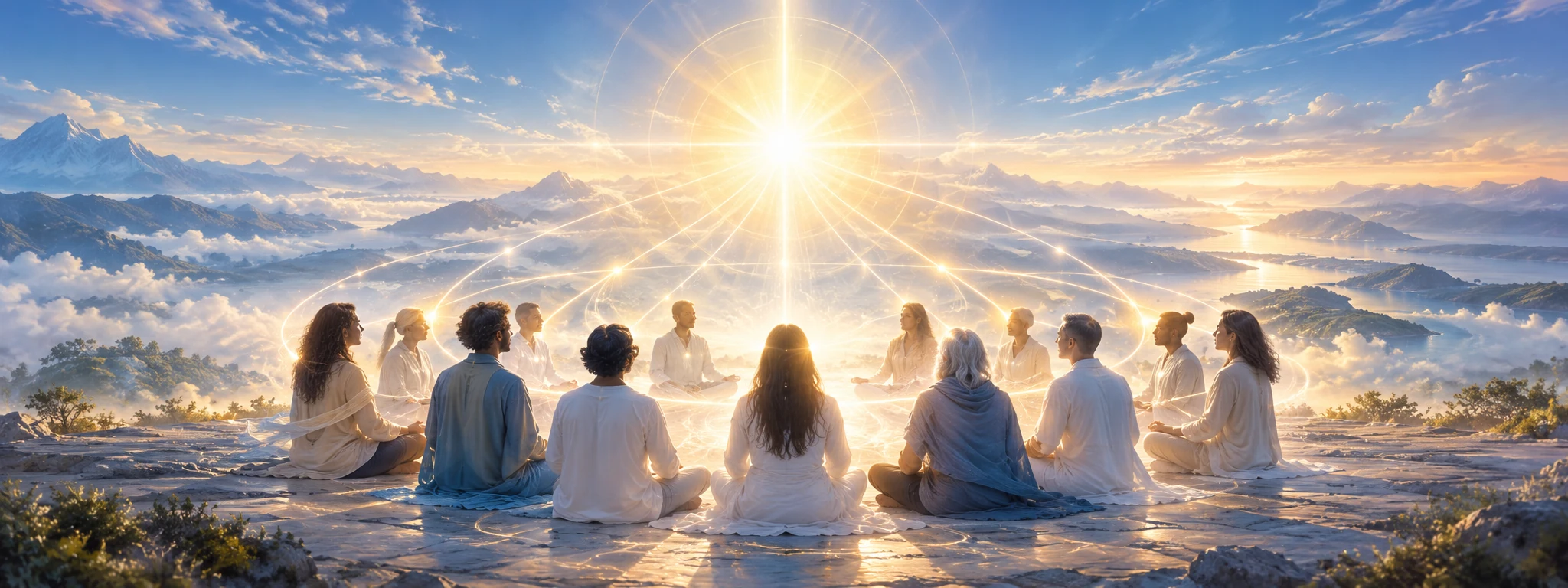 A circle of people united beneath luminous arcs of shared light